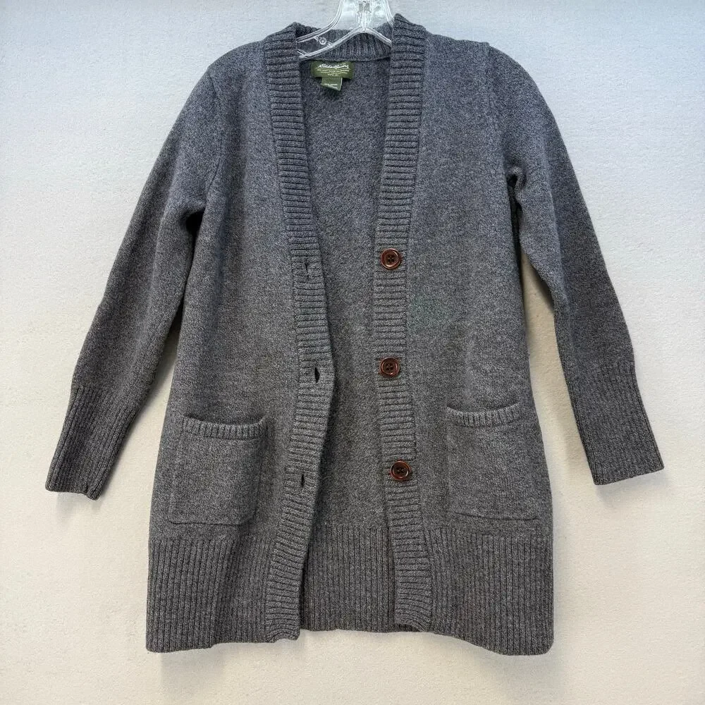 Eddie Bauer Cardigan Sweater Women's L Grey 100% Merino Wool Long Cozy - Picture 2 of 11
